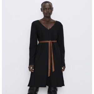 Black midi dress with brown tie